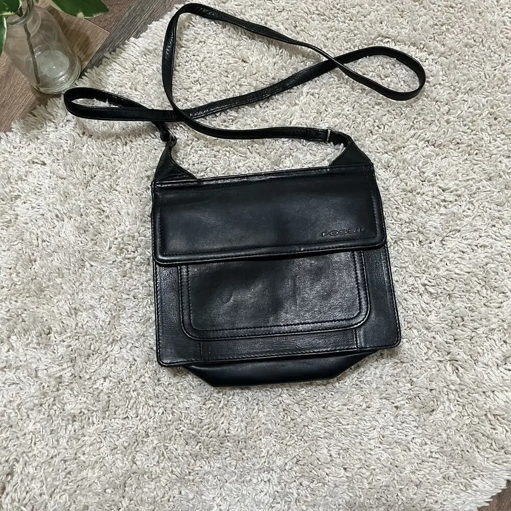 Vintage Fossil Black Leather Double Sided Crossbody Shoulder Bag Purse